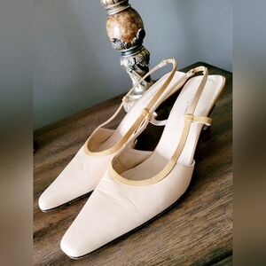 Neiman Marcus Luxury Kitten Heel Genuine Buttery Leather Slingback Shoes TanUS 9